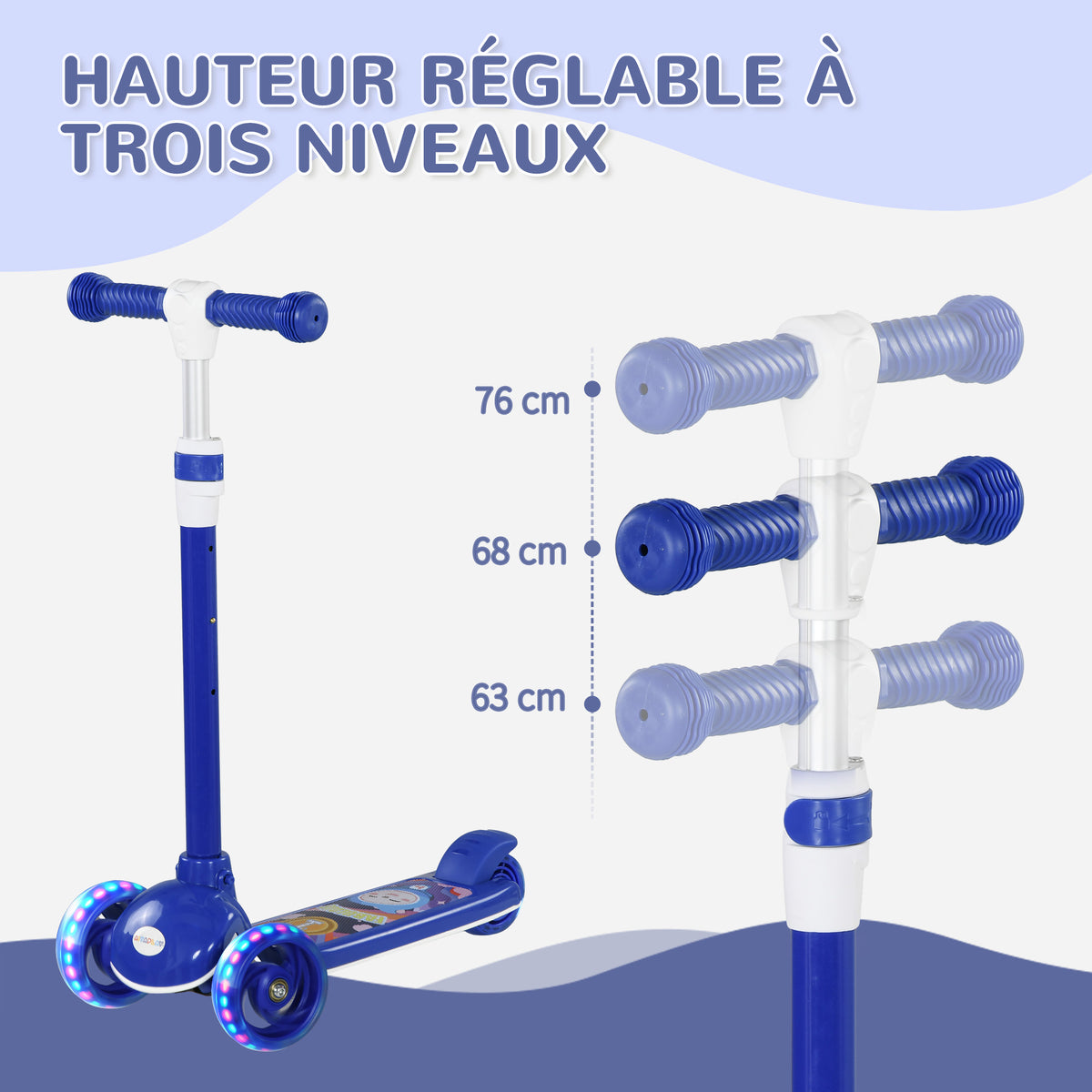 Trottinette enfant 3 Roues Lumineuses LED Hauteur Guidon réglable frein à Friction arrière de 2 à 6 ans Bleu-3