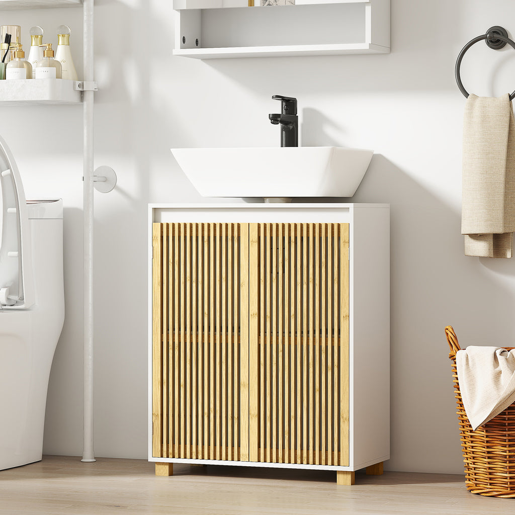 Meuble sous lavabo salle de bain - placard à portes à lattes en bambou, 60 x 30 x 75 cm, effet bois naturel-9