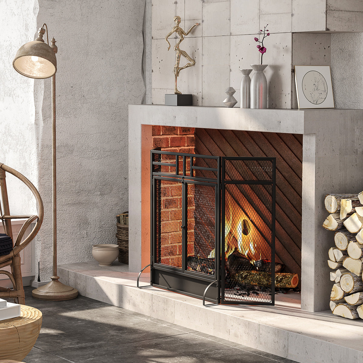 Pare-étincelles grille de protection pour cheminée pare-feu barrière de sécurité 3 volets pliables et porte 120 x 79 cm-1