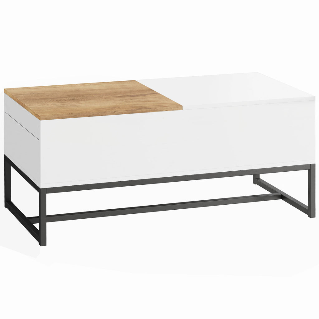 Table Basse Extensible avec Plateau Coulissant, Table de Salon avec Rangement Caché et Pieds en Acier, Blanc-0