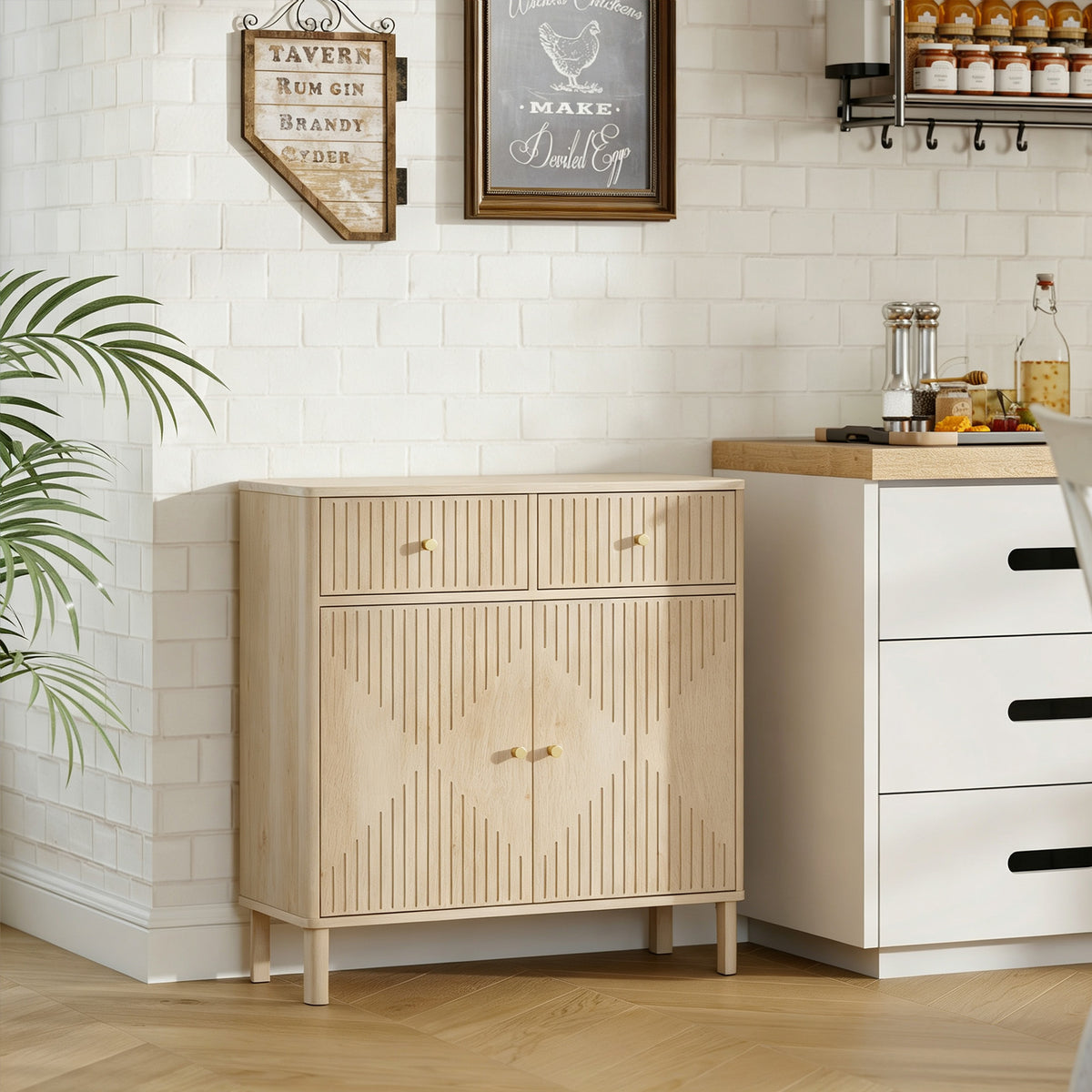 Buffet, meuble de rangement cannelé avec plateau effet marbre, 2 tiroirs, 2 portes, étagère réglable, 77x30x80cm, chêne-1