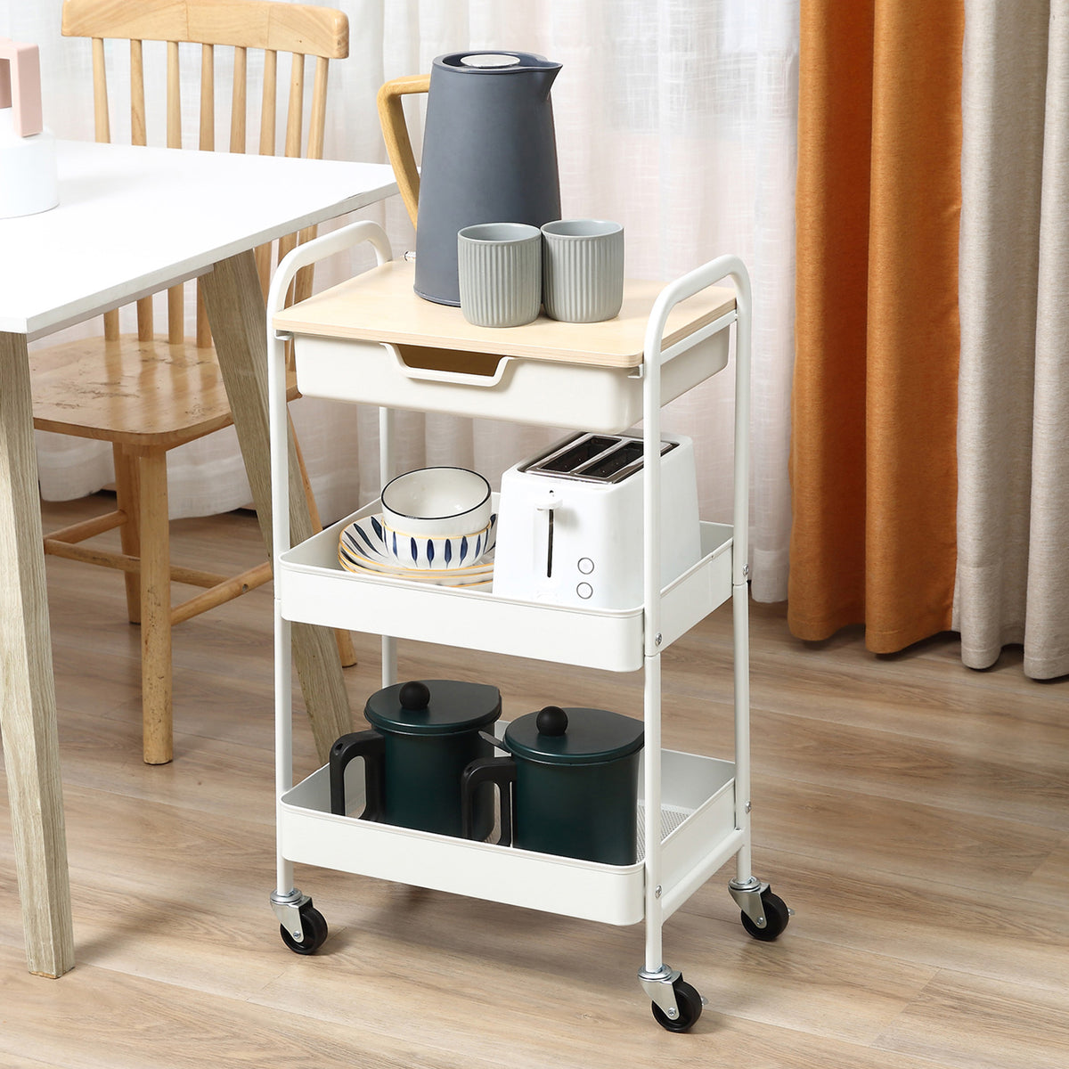 Desserte de cuisine chariot de service 2 étagères tiroir plateau aspect bois clair acier PP blanc-9