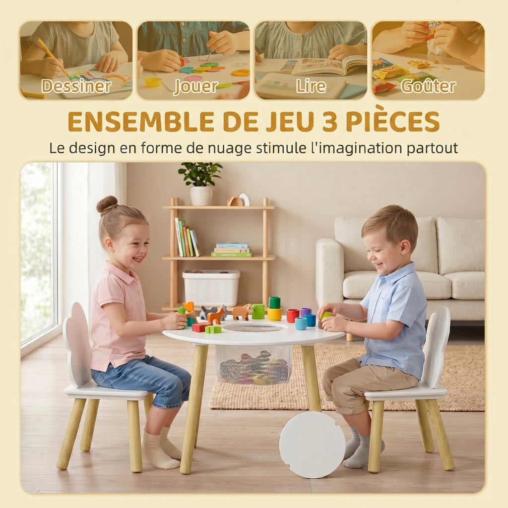 Table enfant avec chaise, ensemble table et 2 chaises en bois avec sac de rangement pour dessiner, jouer, étudier, blanc-3