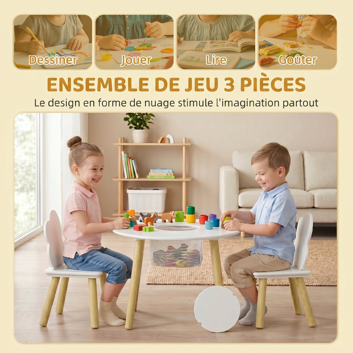 Table enfant avec chaise, ensemble table et 2 chaises en bois avec sac de rangement pour dessiner, jouer, étudier, blanc-3