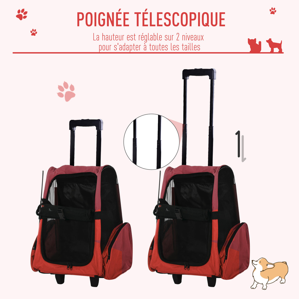 Sac de transport à roulettes pour chien 2 en 1 trolley chariot sac à dos pour chien chat avec poignée téléscopique, sacs de rangement, aérations, attache de sécurité, 42 x 25 x 55 cm, rouge-4