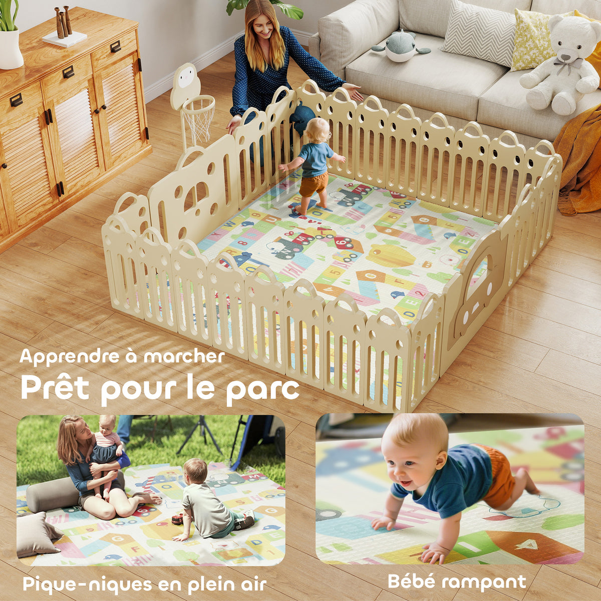 Tapis de jeu pour bébé pliable et réversible, tapis de sol en mousse épais, 200 x 180 x 1,5 cm, multicolore-7