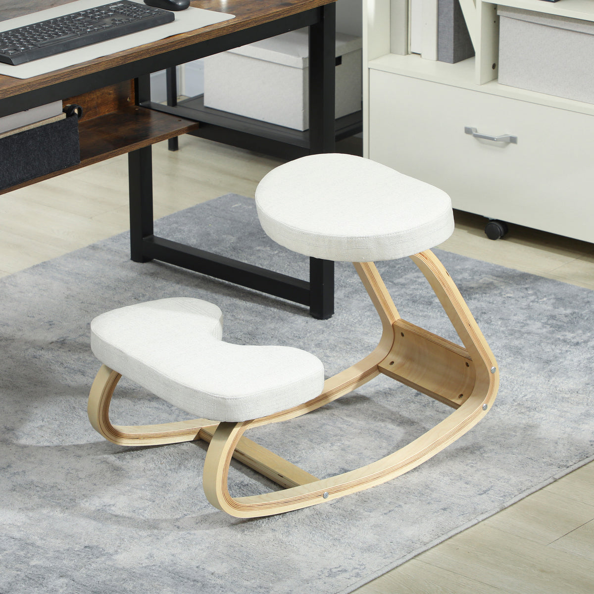 Siège assis genoux, siège ergonomique en bois à bascule, chaise à genoux pour bureau à domiciles, crème-7