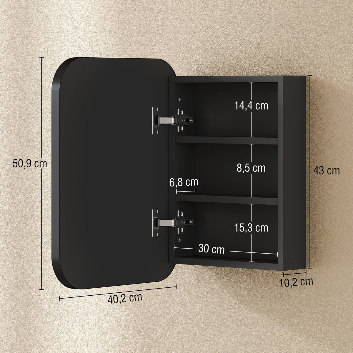 Armoire Murale Salle de Bain avec Miroir, 40 x 10 x 51 cm, avec Porte Miroir à Fermeture Douce et Étagères Réglables, Noir-2