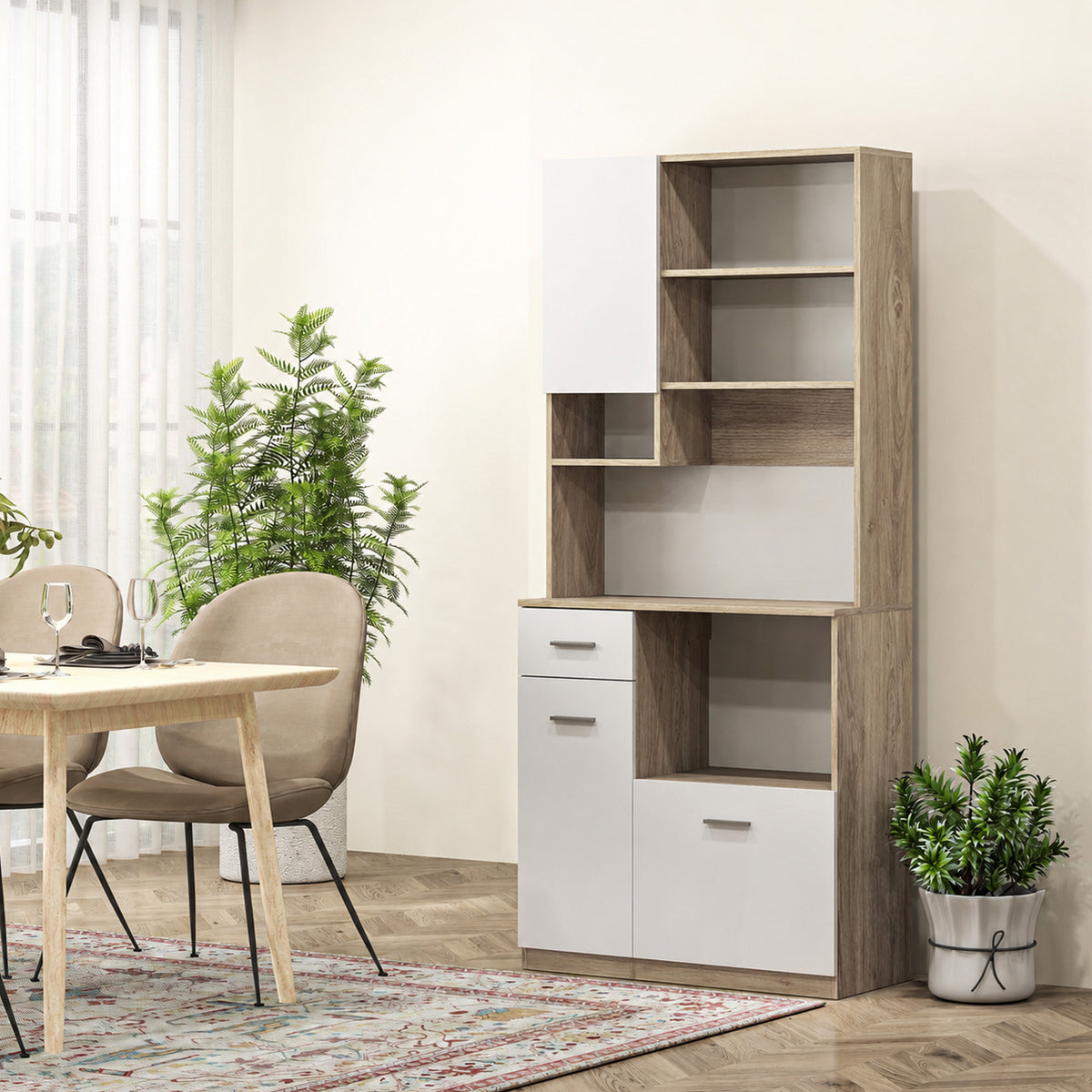 Armoire de cuisine haute, meuble de rangement moderne avec étagères réglables, tiroir, blanc et aspect bois-1