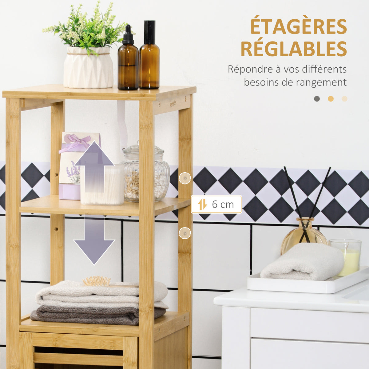 Meuble colonne salle de bain en bambou 2 étagères ouvertes et placard, 32,9 x 29,9 x 120 cm, bois naturel-4