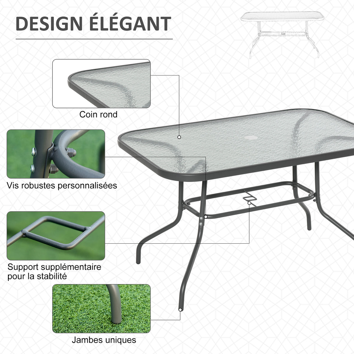 Table de Jardin rectangulaire dim. 120L X 80l x 70H cm métal époxy Gris Plateau Verre trempé-4