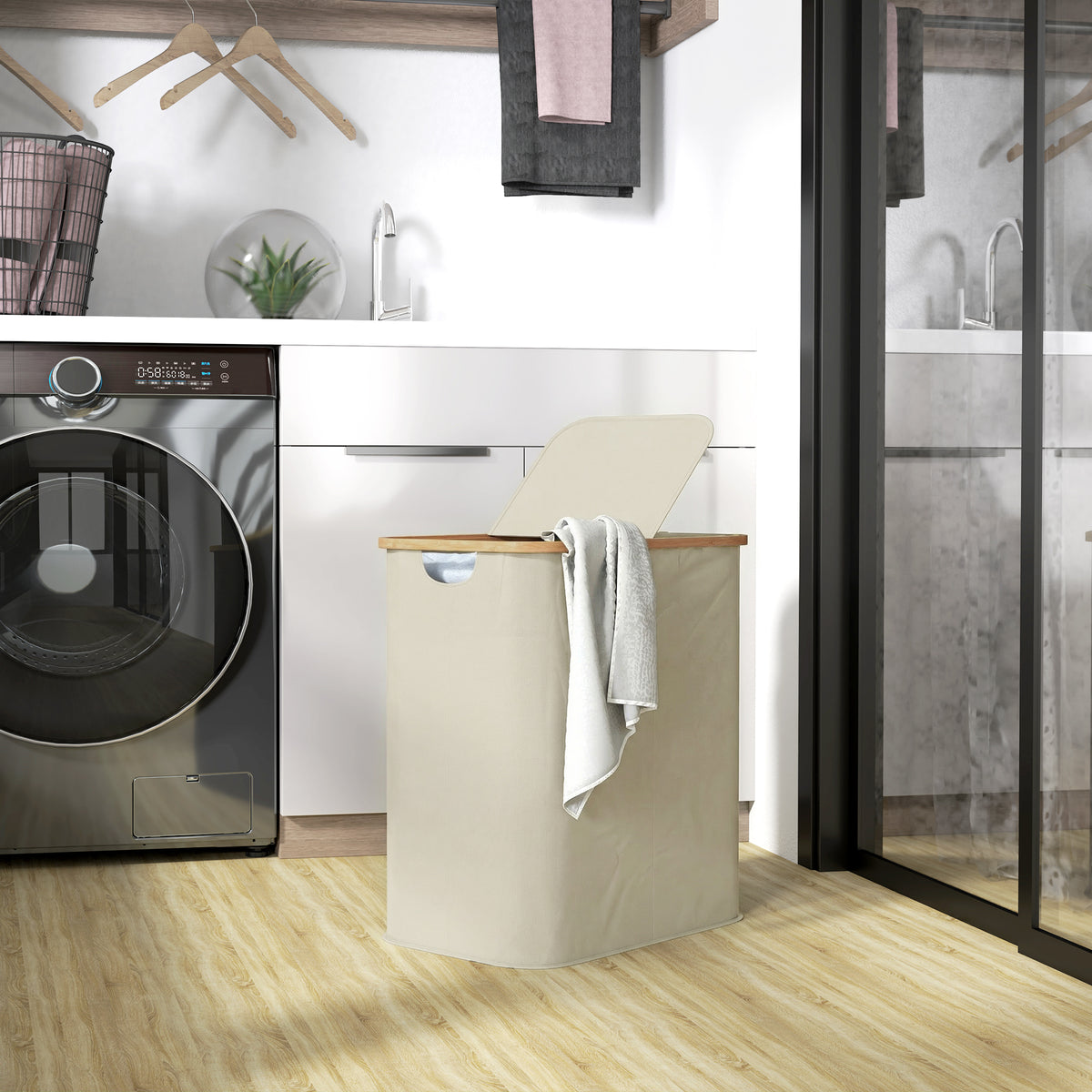 Panier à linge double pliable 80 L corbeille à linge sale avec couvercle, poignées rainurées, beige-9