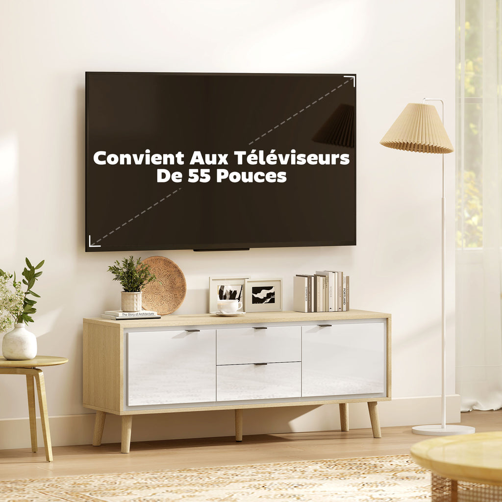 Meuble TV, meuble télé pour jusqu'à 55 pouces, 2 portes à haute brillance, 2 tiroirs silencieux, 120 x 35 x 50 cm, blanc-5