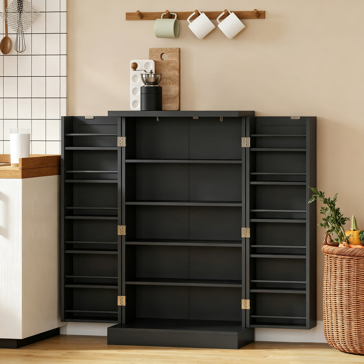 Armoire de Cuisine, Buffet Cuisine, avec 2 Portes, 12 Porte-Racks, 5 Compartiments et Étagères Réglables, Noir-1