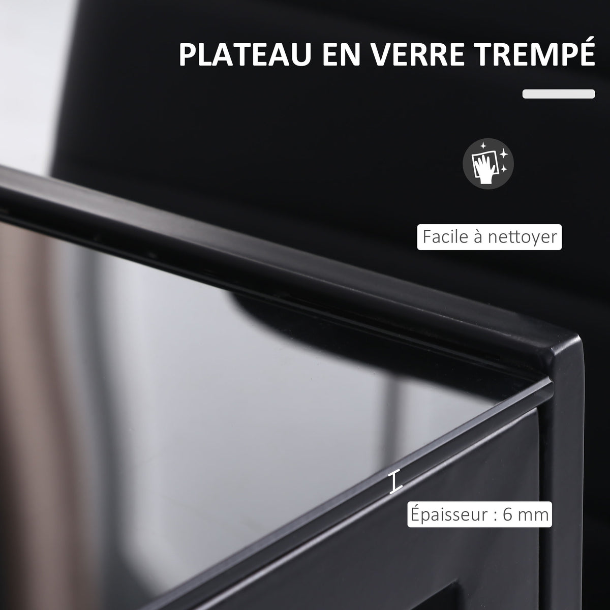 Table à manger pour 4 personnes, table de cuisine avec plateau en verre trempé et pieds en métal, 120x60x75cm, noir-3