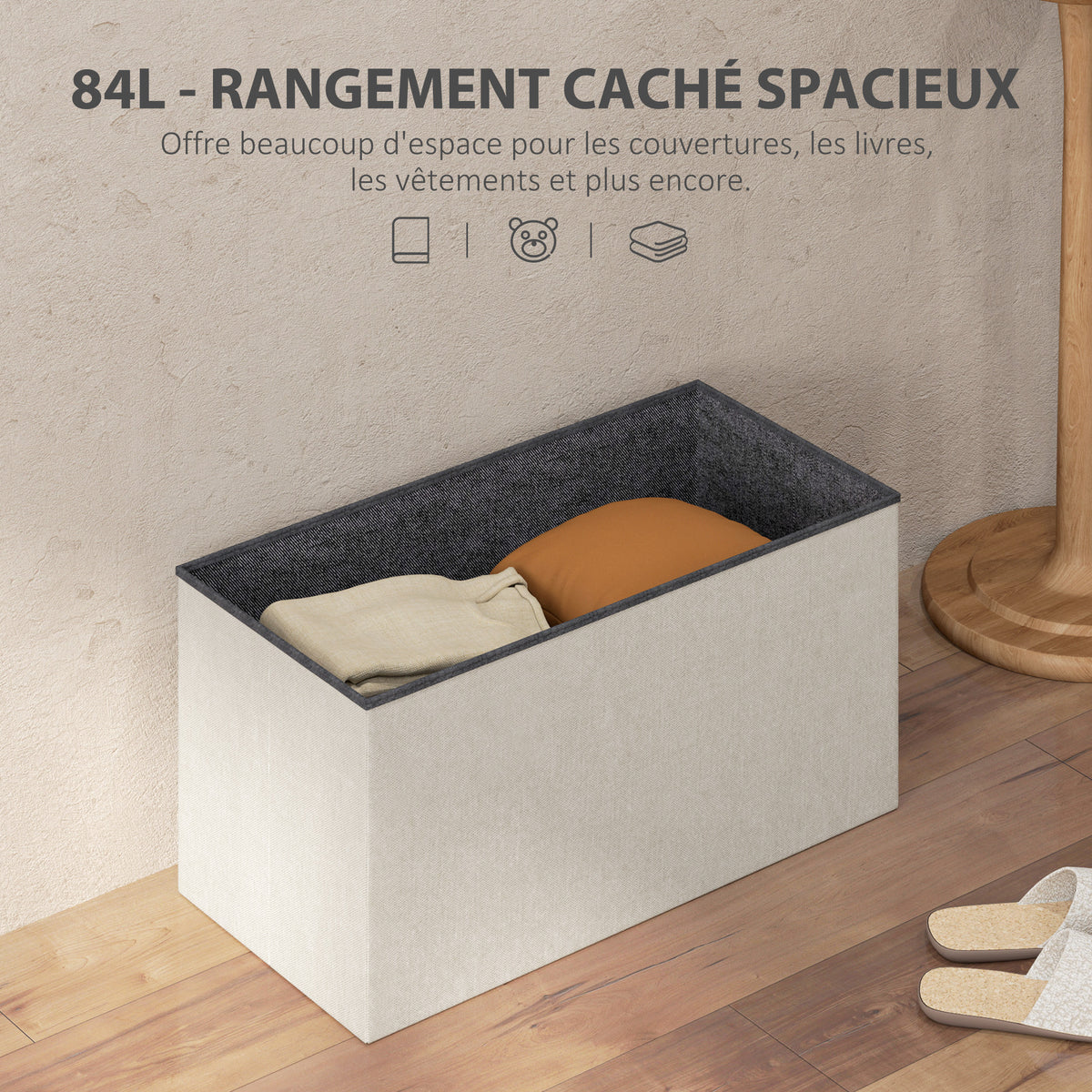 Banc de rangement pouf de rangement pliable bout de lit repose-pieds avec couvercle capitonnée 76L x 38l x 38H cm crème-3