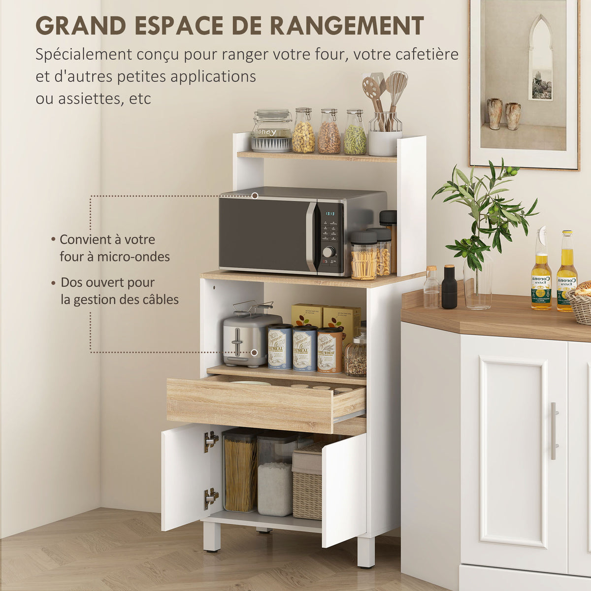 Meuble micro onde, buffet cuisine avec placard tiroir étagère supérieur, 60 x 40 x 131 cm chêne et blanc-3