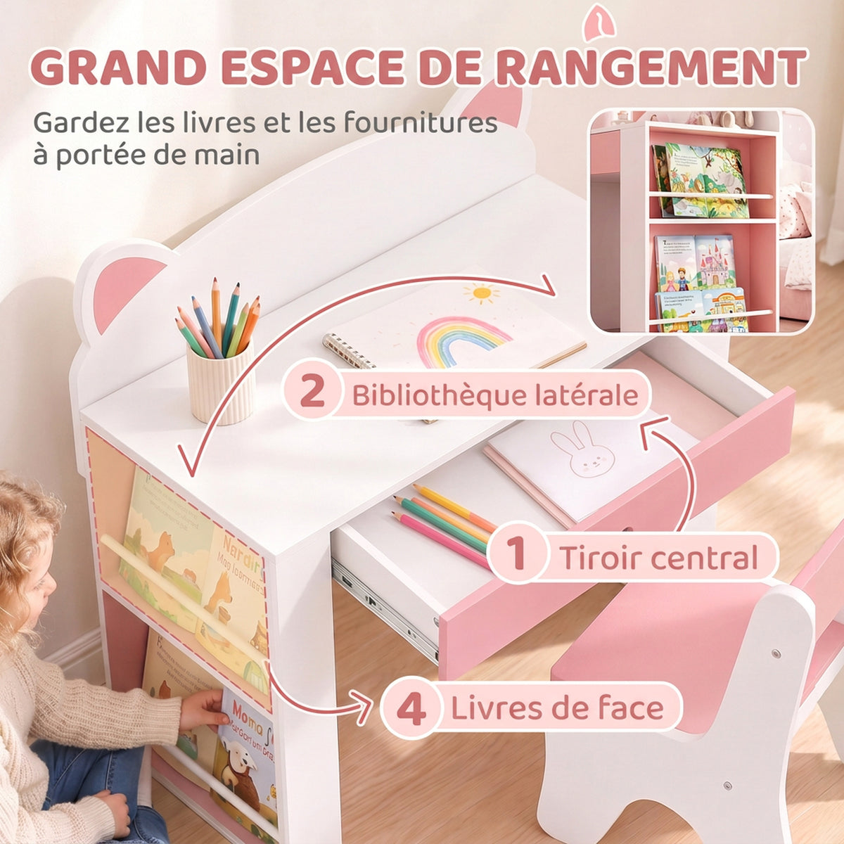 Bureau et Chaise pour Enfant 2 Pièces, Ensemble Table d'Activité, Tiroir, Bibliothèque pour Dessin, Lecture, Blanc Rose-4