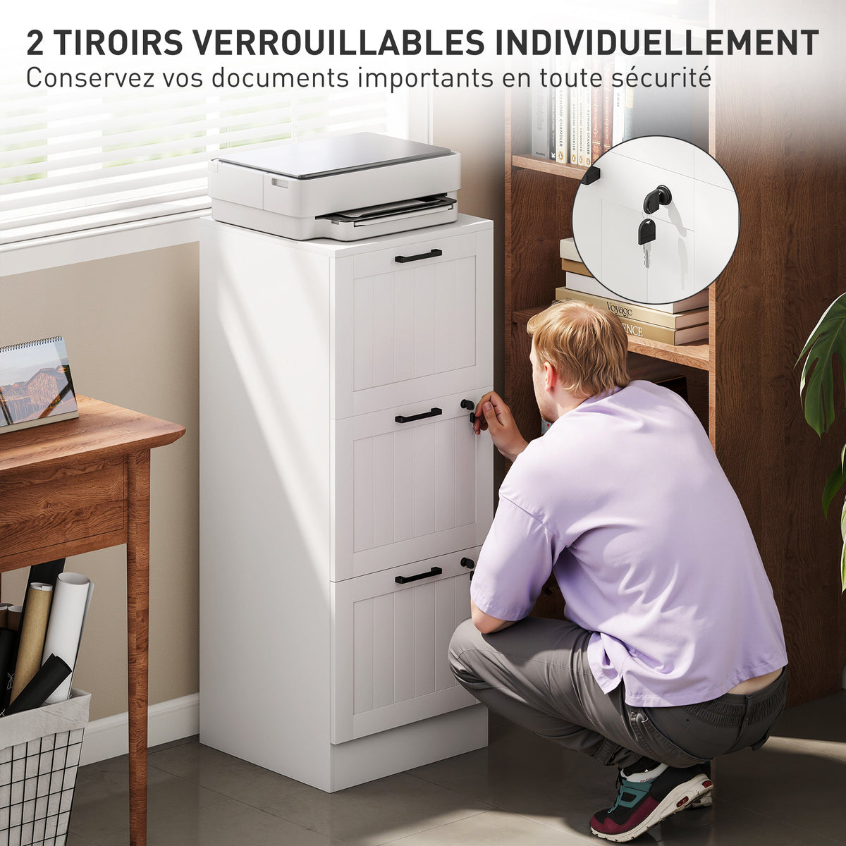 Caisson bureau, meuble rangement bois 3 tiroirs et serrure, barres de suspension réglables, 40 x 40 x 101 cm, blanc-5