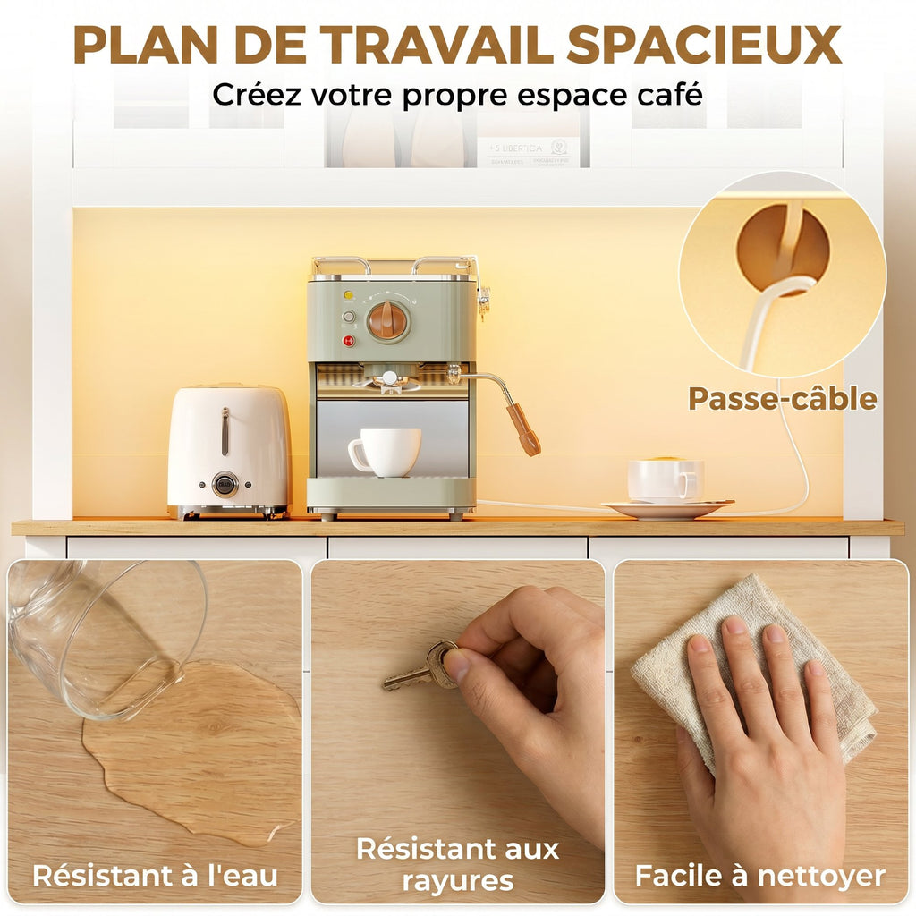 Buffet haut cuisine avec éclairage LED, vaisselier, 4 portes dont 2 en verre, tiroirs, porte-bouteilles, blanc-6