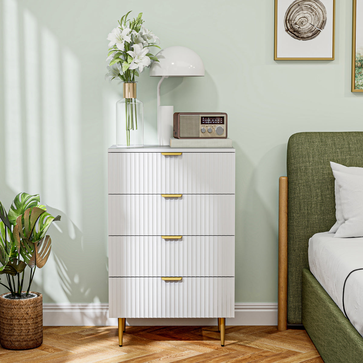 Commode 4 tiroirs commode chambre meuble de rangement moderne avec poignées et pieds dorés, dim. 60 x 40 x 96 cm, blanc-6