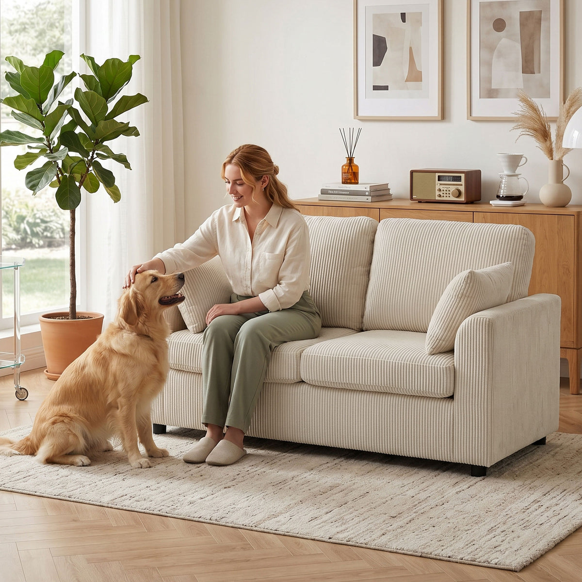 Canapé 2 Places en Velours Côtelé, Canapé de Salon 144 cm avec Assise Large Rembourrée, 2 Oreillers, Beige-8
