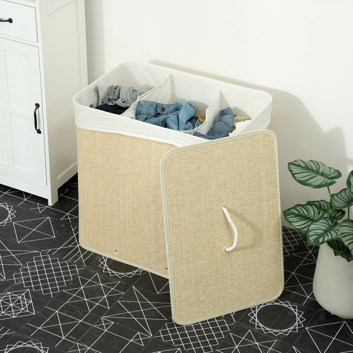 Panier à linge à trois compartiments avec couvercle, panier à linge en bambou 144 L avec poignées en corde-9