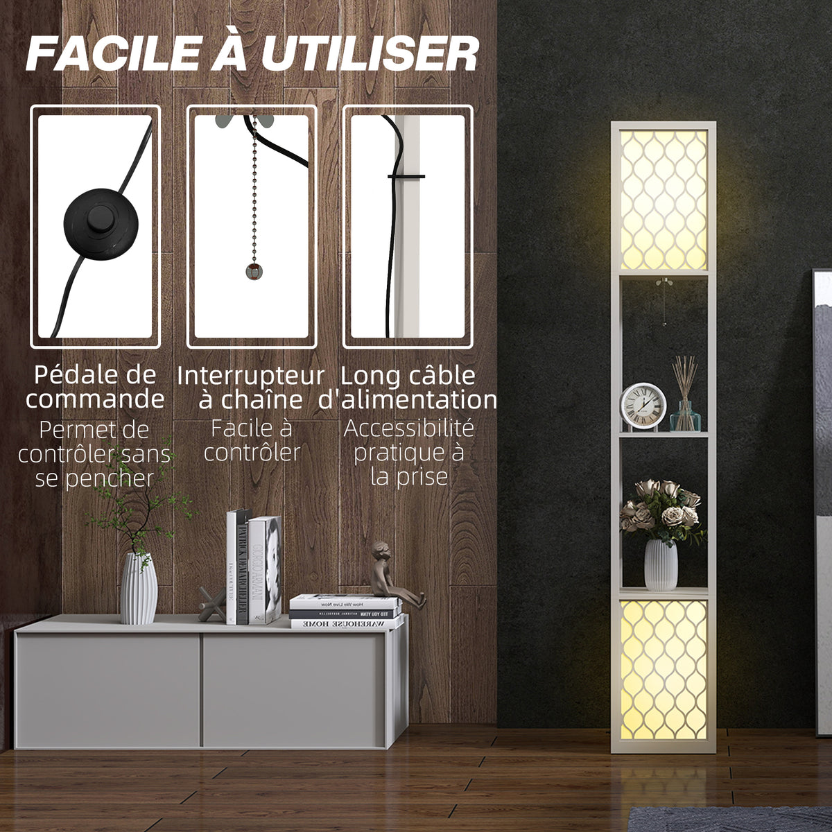 Lampadaire étagère 2 lampes 2 étagères 4 niveaux MDF gris motif nid d'abeille 26 x 26 x 156 cm gris-5
