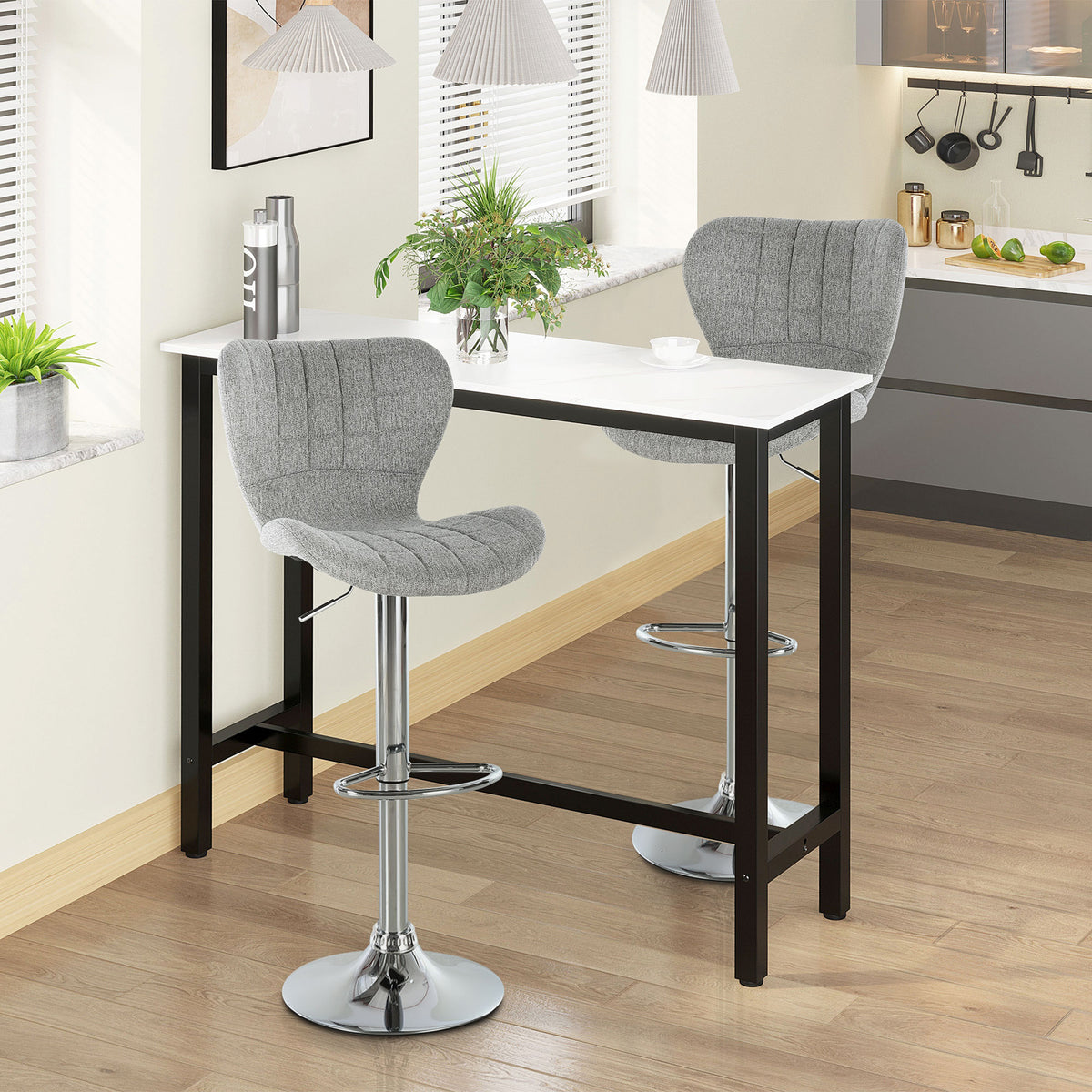 Lot de 2 Tabourets de Bar Design Contemporain Hauteur d'assise réglable 59-81 cm pivotant 360° Lin Gris-9
