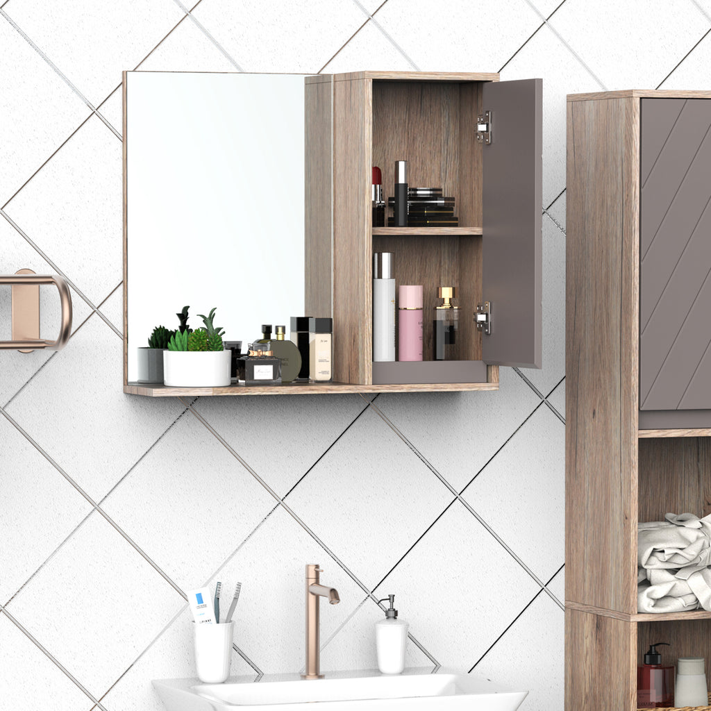 Miroir de Salle de Bain avec étagère et Placard - système Fixation intégré - Panneaux Particules chêne Clair Gris-1