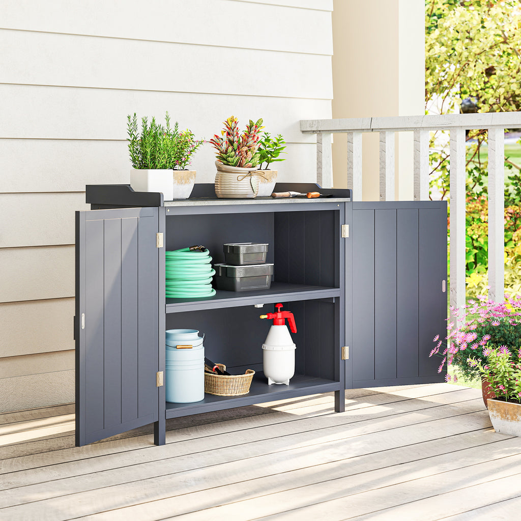 Armoire de rangement de jardin sur pied, table de rempotage 2 en 1 double porte, étagère, plateau métal galvanisé - gris-9