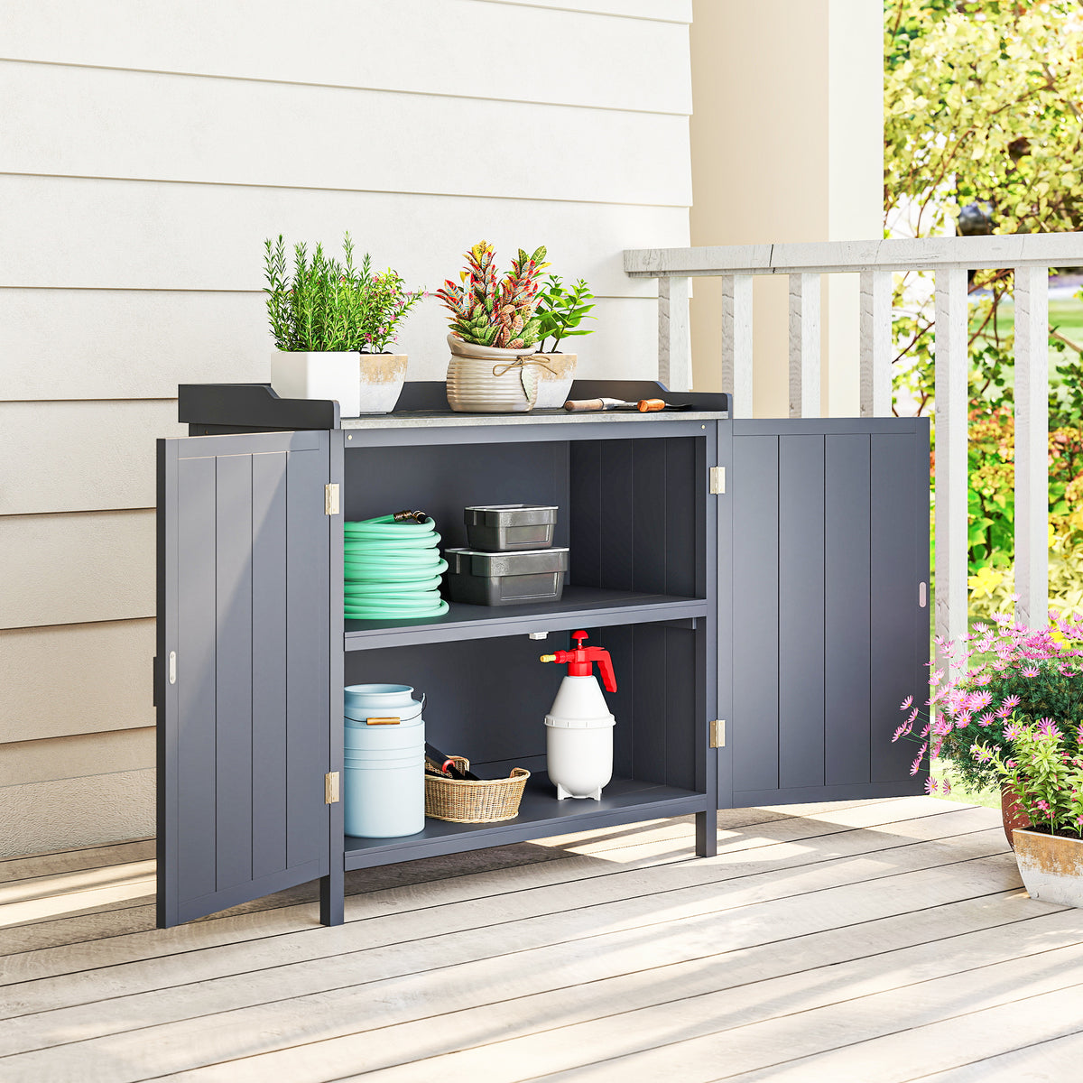 Armoire de rangement de jardin sur pied, table de rempotage 2 en 1 double porte, étagère, plateau métal galvanisé - gris-9
