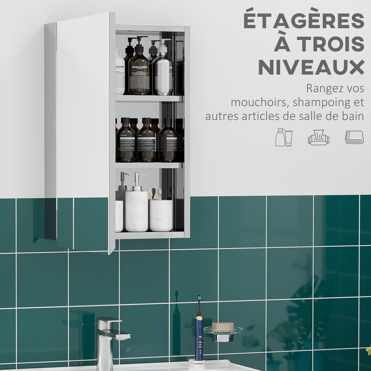 Armoire miroir de salle de bain en acier inoxydable armoire murale de toilette 39 x 12 x 60 cm-3