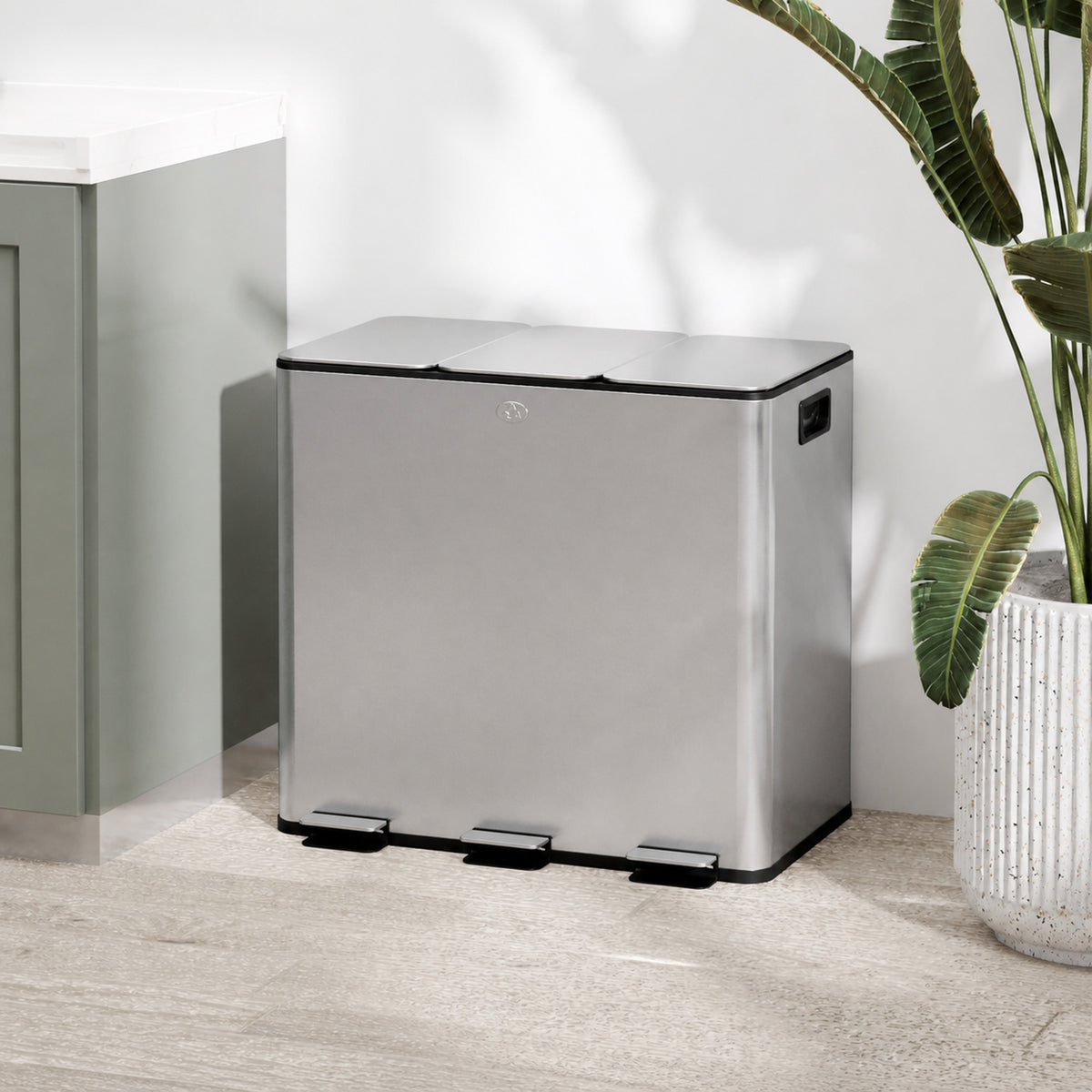 Poubelle de cuisine, poubelle tri sélectif, 3 compartiments de 15L, seaux intérieurs amovibles, 61,9x36,6x43,2cm, argent-1
