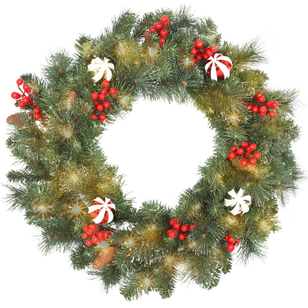 Couronne de Noël lumineuse 60 cm avec 50 LED, minuterie, 146 pointes, pommes de pin, baies, boules décoratives, vert-0