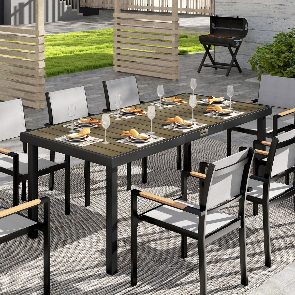 Table de jardin rectangulaire pour 8 personnes en aluminium table de salle à manger extétieur plateau PE à lattes-9