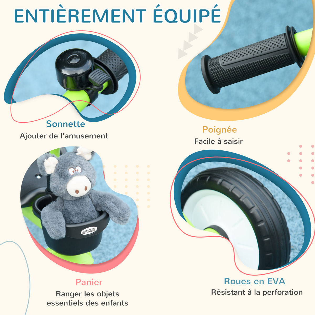 Tricycle enfants avec sonnette et panier selle réglable avec dossier - pour enfant de 2 à 5 ans vert-5