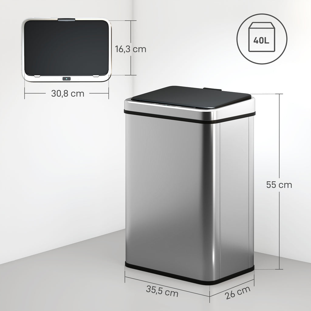 Poubelle à Capteur de 40L, Couvercle à Fermeture en Douceur, Poubelle de Cuisine Automatique Acier Inoxydable, Argenté-2