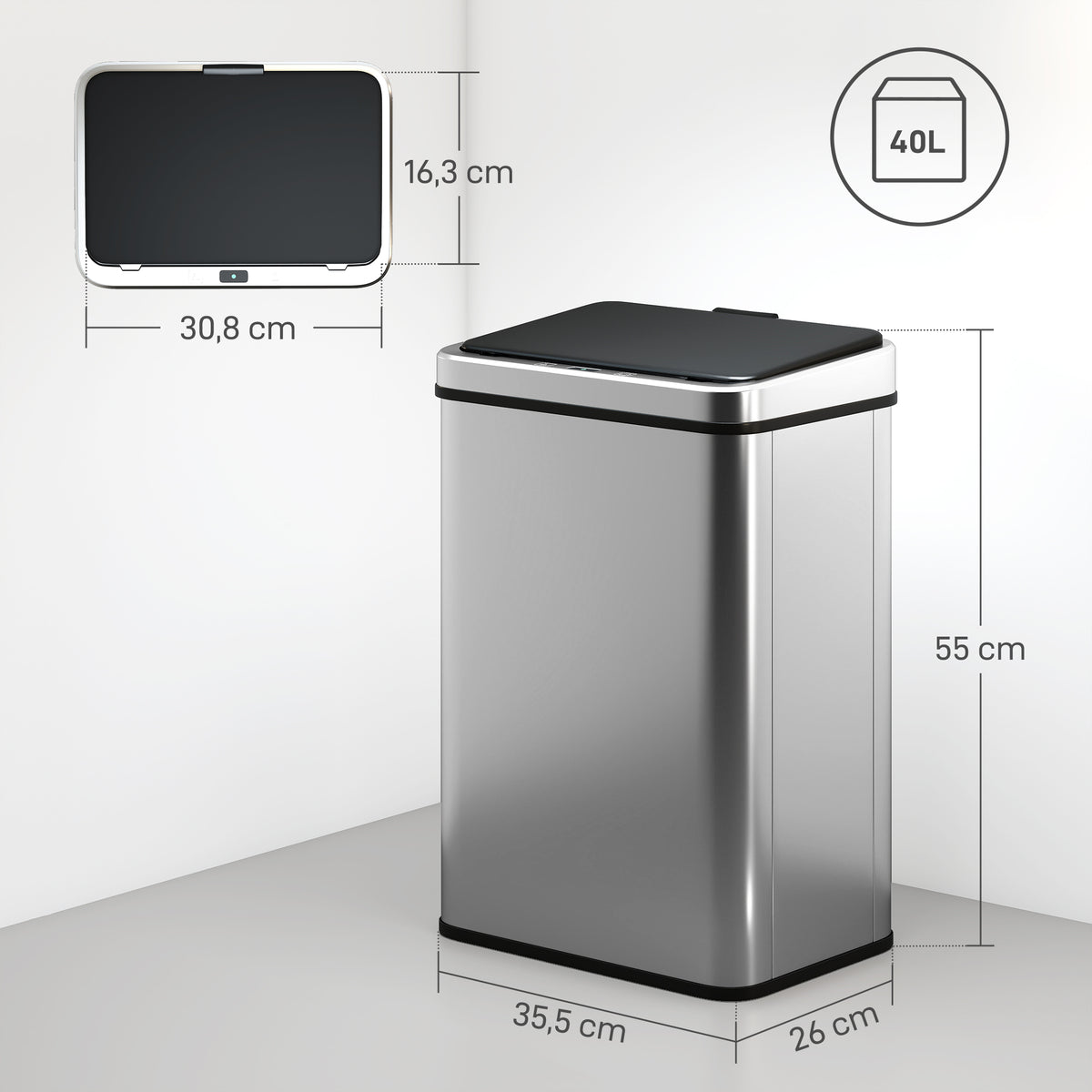 Poubelle à Capteur de 40L, Couvercle à Fermeture en Douceur, Poubelle de Cuisine Automatique Acier Inoxydable, Argenté-2