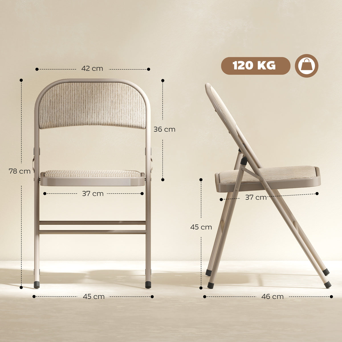 Lot de 2 chaises pliantes chaises de salle à manger portables cadre en acier dim. 45l x 46P x 78H cm beige-2