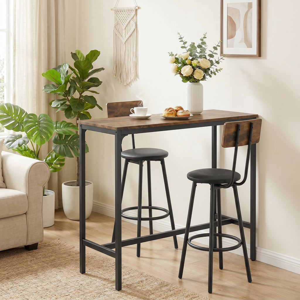 Ensemble Table de Bar avec 2 Tabourets, Table Haute de Cuisine et 2 Chaises de Bar Rembourrées PU, Repose-Pieds, Marron-7