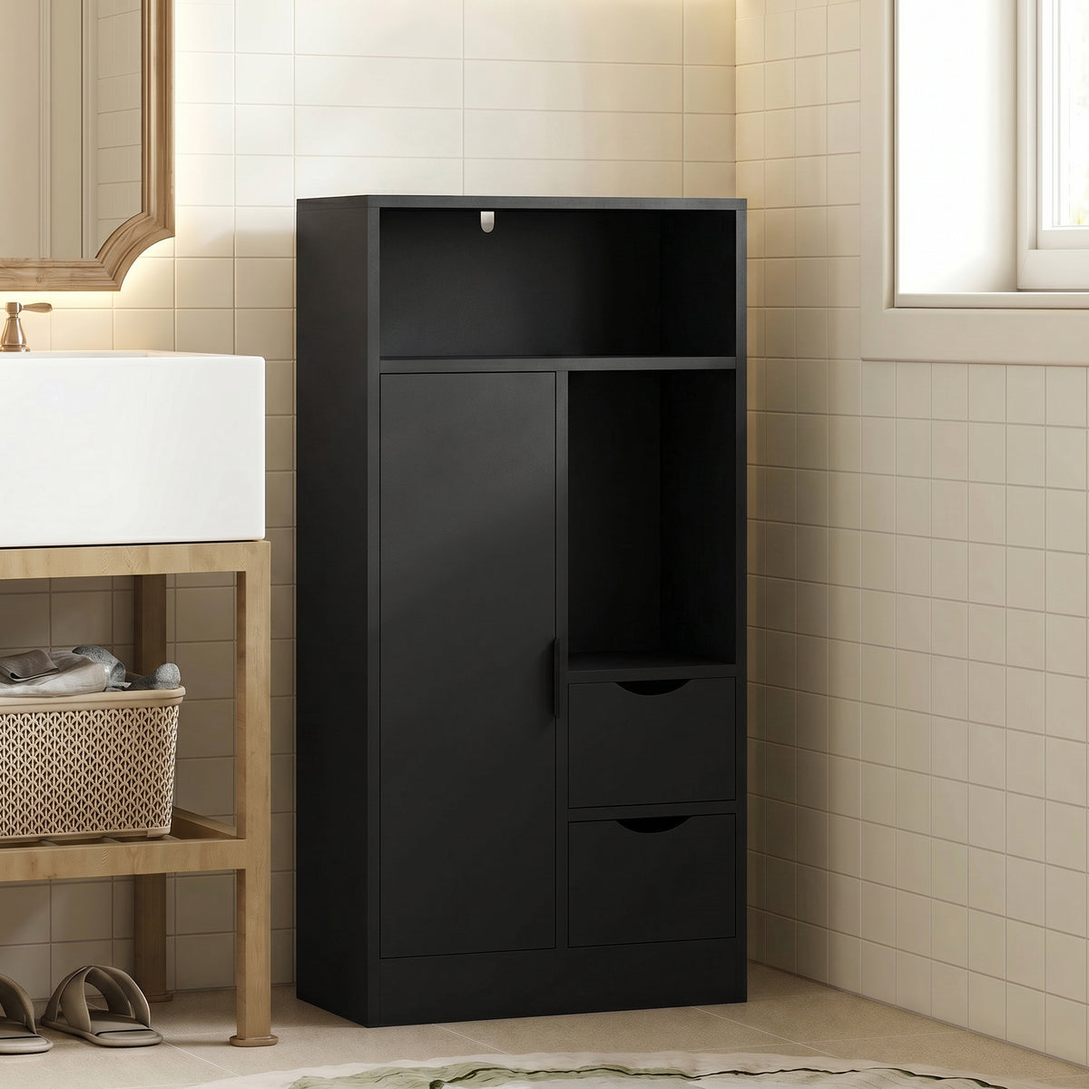 Meuble de salle de bain, meuble de rangement étroit avec 2 tiroirs, compartiments ouverts, 50x25x100cm, noir-1