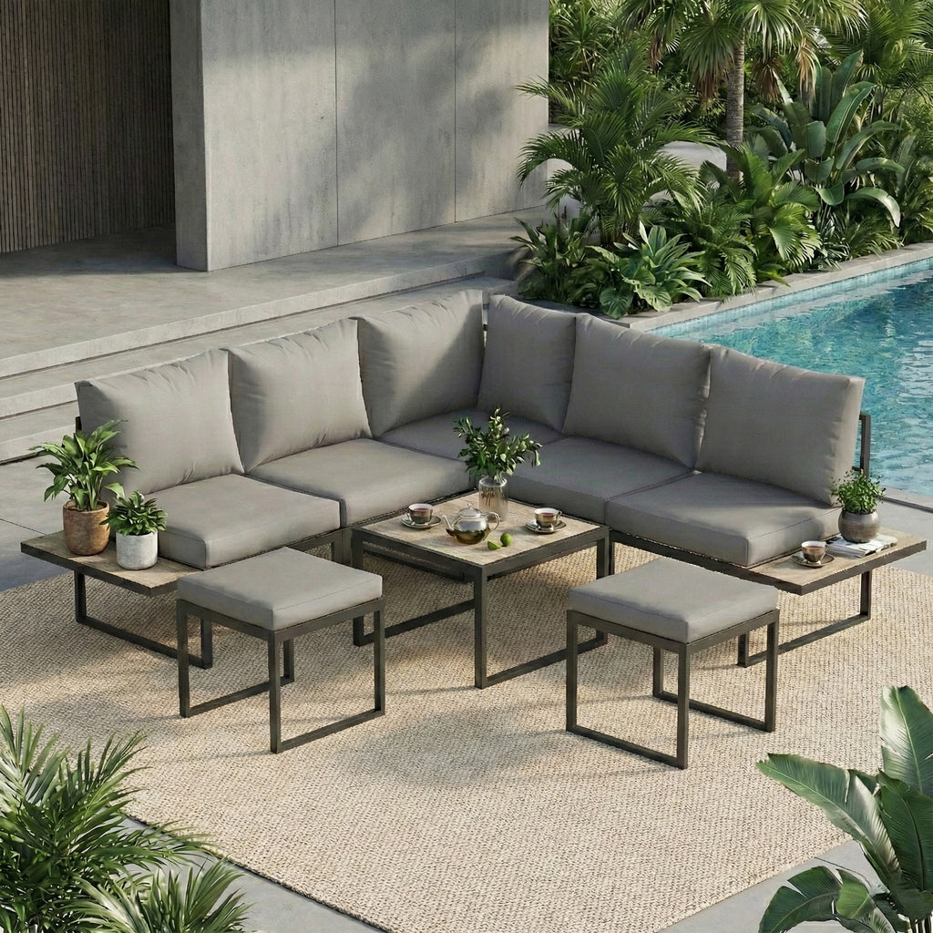 Salon de jardin extérieur 6 personnes modulable table basse et plateaux latéraux en bois PSPC coussins épais 10cm gris-9