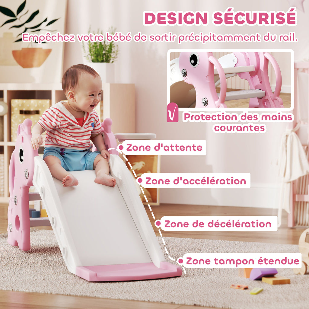 Toboggan pour enfants 3 en 1 en forme de girafe avec panier de basket, escalade et ballon, 106 x 51,5 x 52 cm, rose-5
