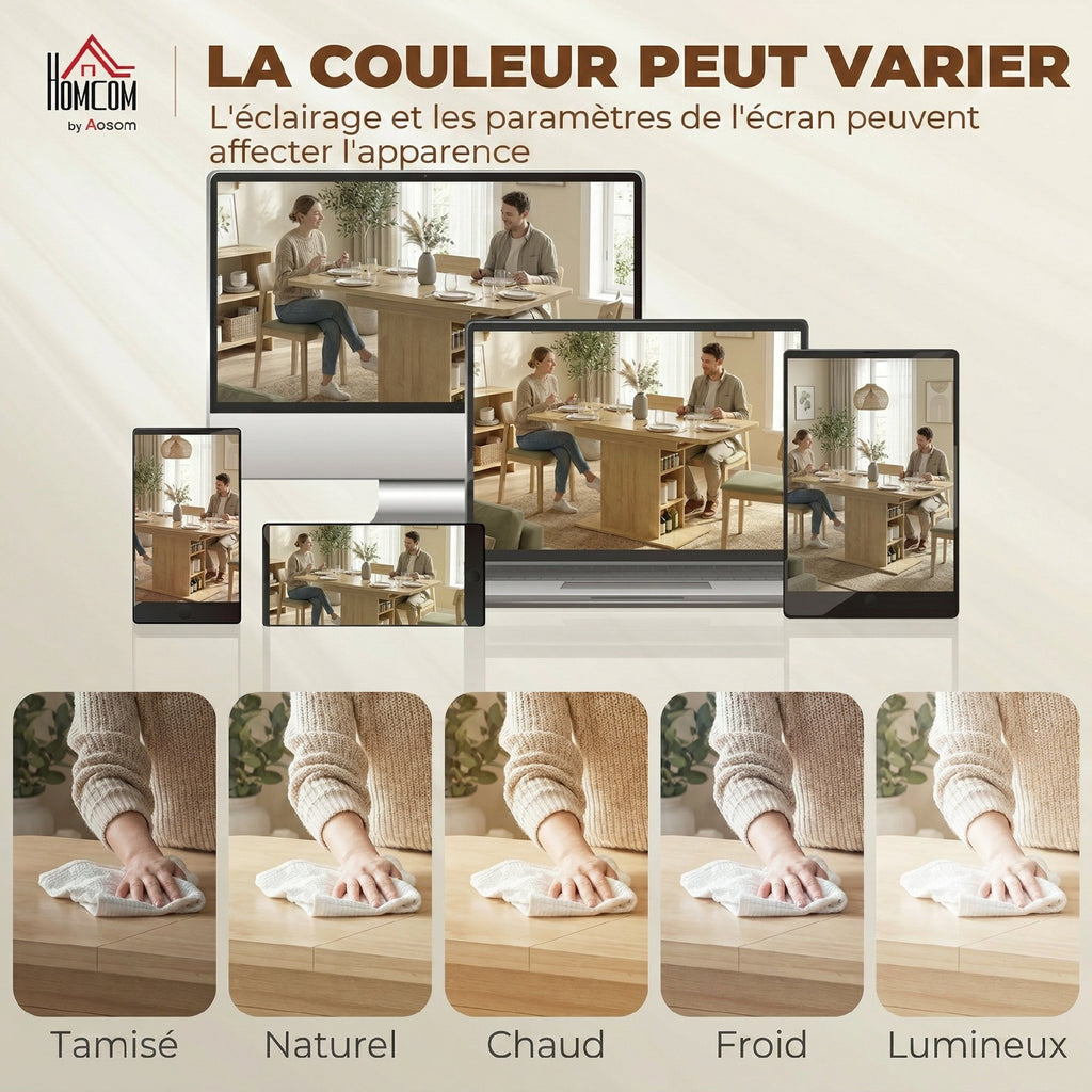 Table à manger extensible rectangle pour 4 à 6 personnes, table de cuisine 110-130 cm, 6 étagères ouvertes, bois naturel-8