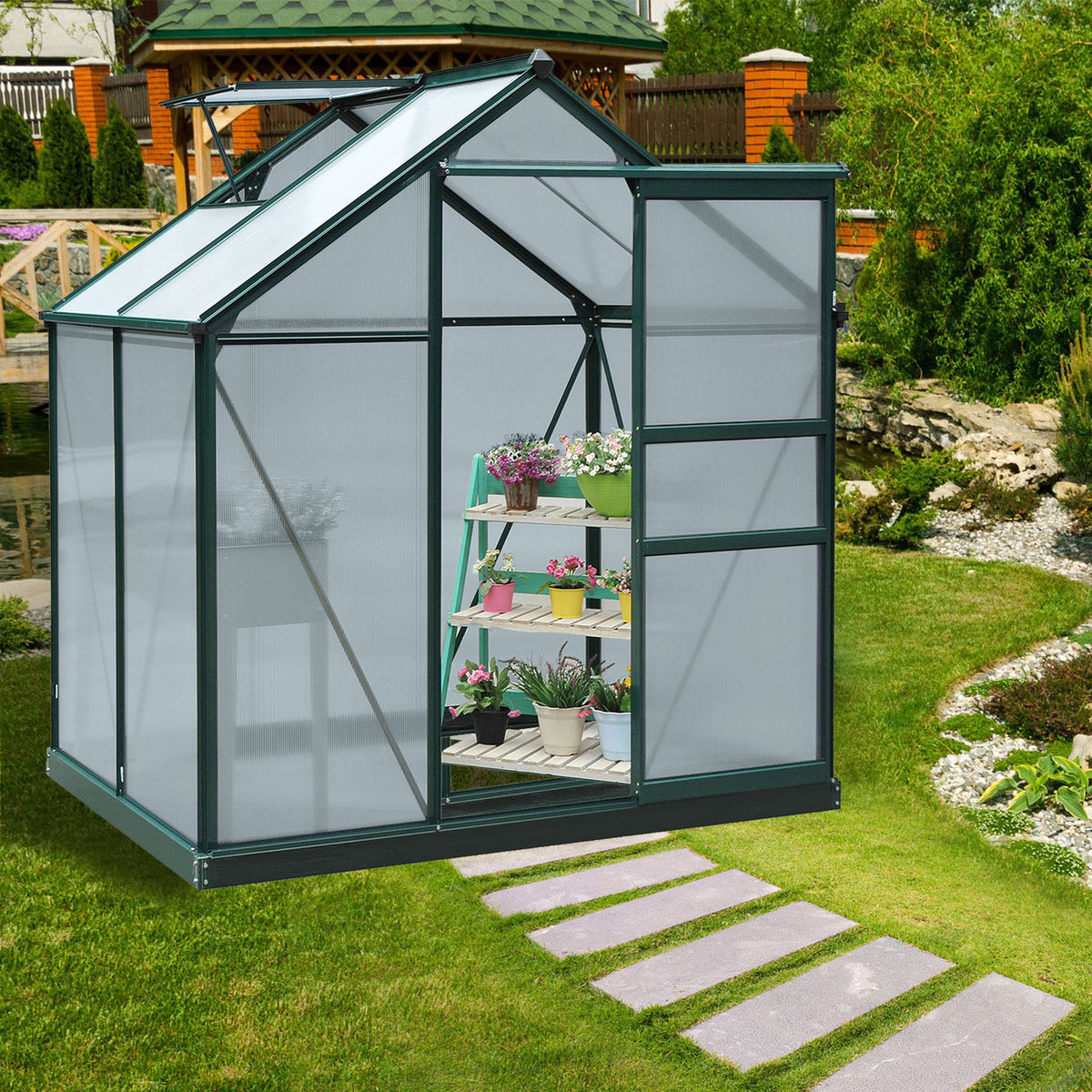 Serre de jardin polycarbonate 190 x 132 x 201 cm résistant aux UV 30+ fondation renforcé gouttière vert foncé-1