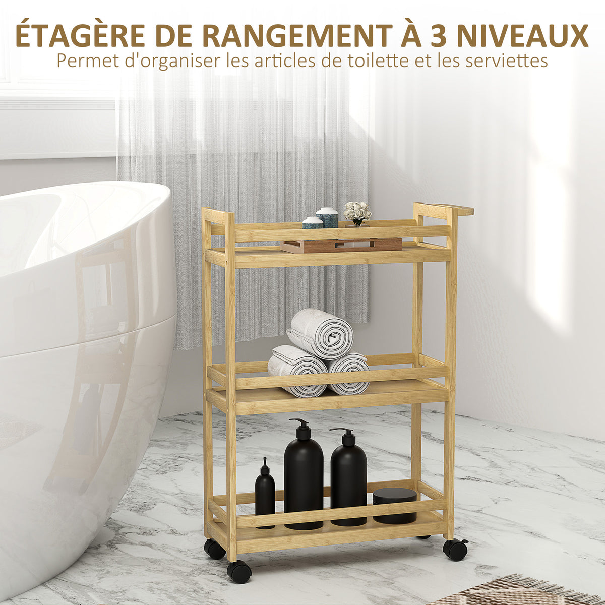 Étagère de rangement de salle de bain en bambou à 3 niveaux avec roulettes pour cuisine, salle de bain, salon - naturel-3