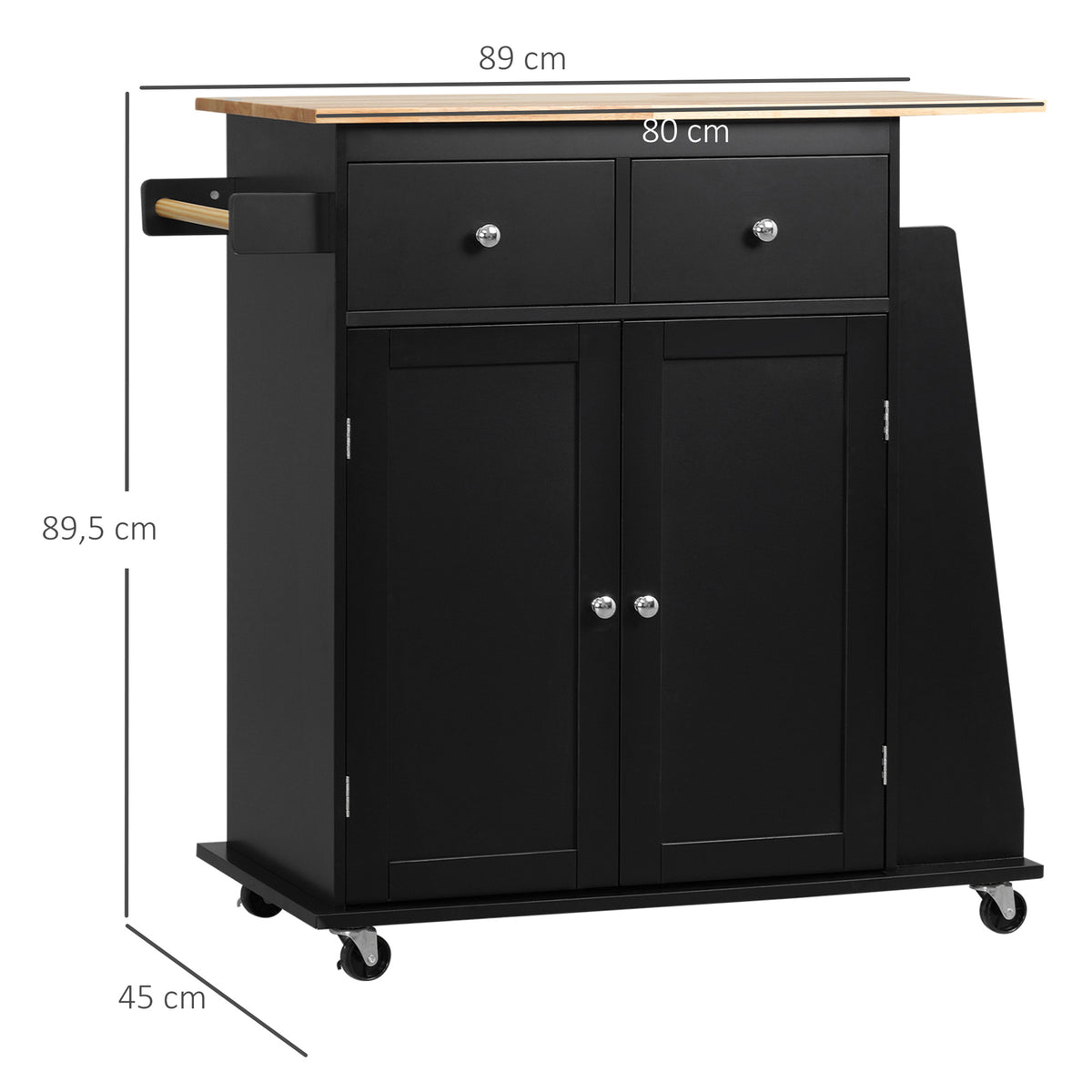 Desserte de cuisine ilôt cuisine avec plan de travail étagère range-bouteilles porte-torchons 2 tiroirs placard 2 portes MDF noir hévéa-2