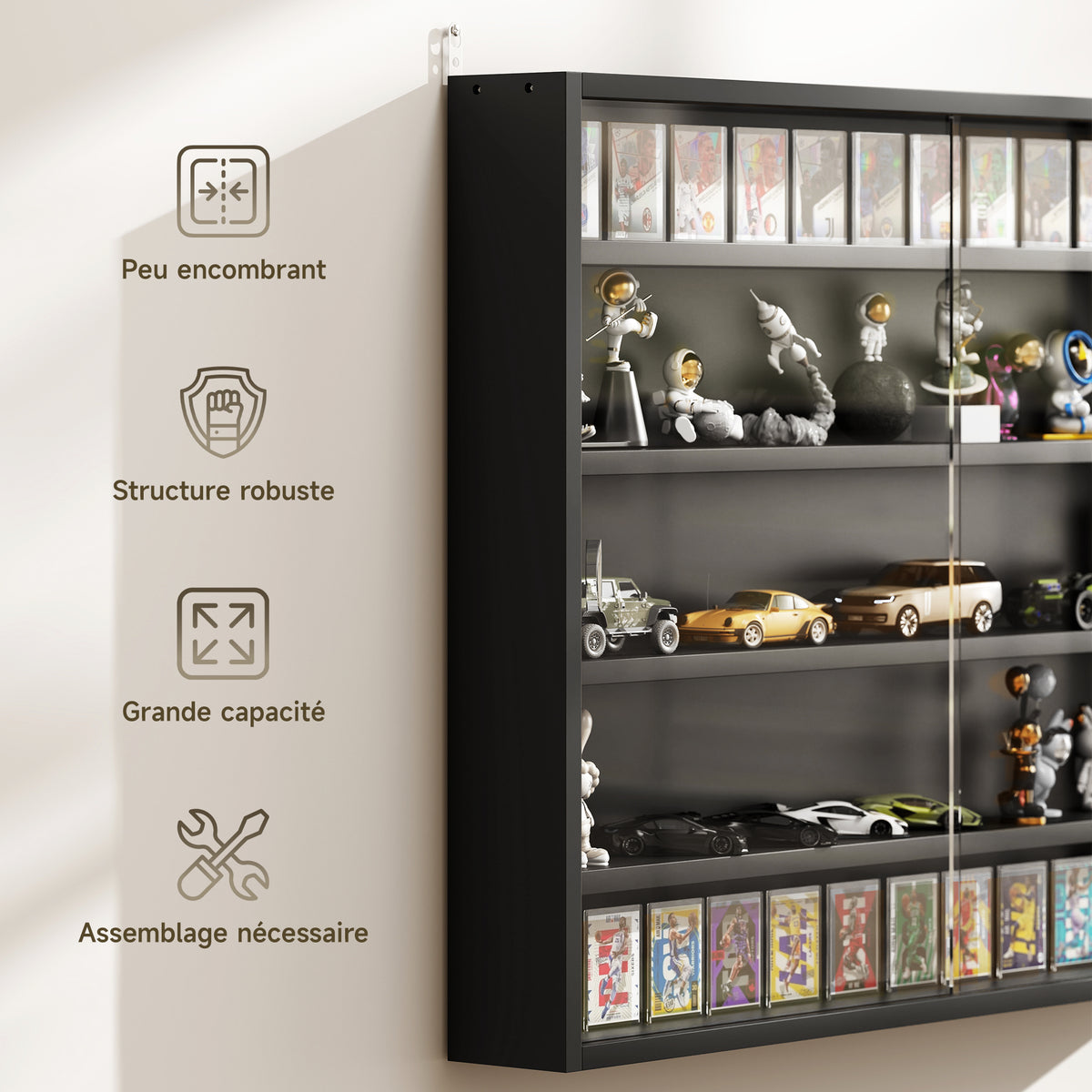 Vitrine murale pour objets de collection 5 étagère réglables en hauteur et 2 portes coulissantes 80 x 9,5 x 60 cm noir-3