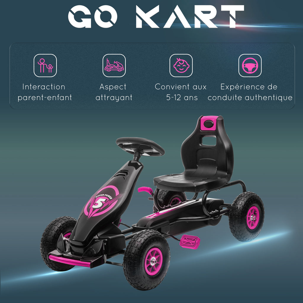 Kart à pédales pour enfant siège réglable 3 positions frein à main enfant de 5 à 12 ans rose noir-7